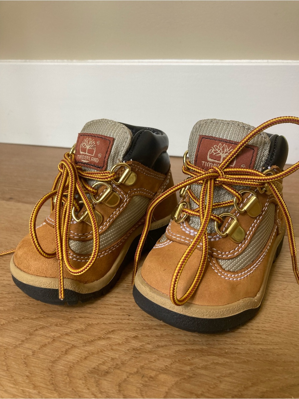 Timberland Kids Tan Suede and Khaki Hiking Boots with Gold Hardware